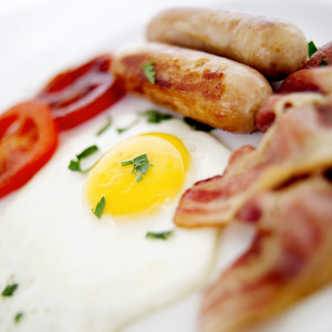 Fried Eggs Bacon and Sausages on a Plate